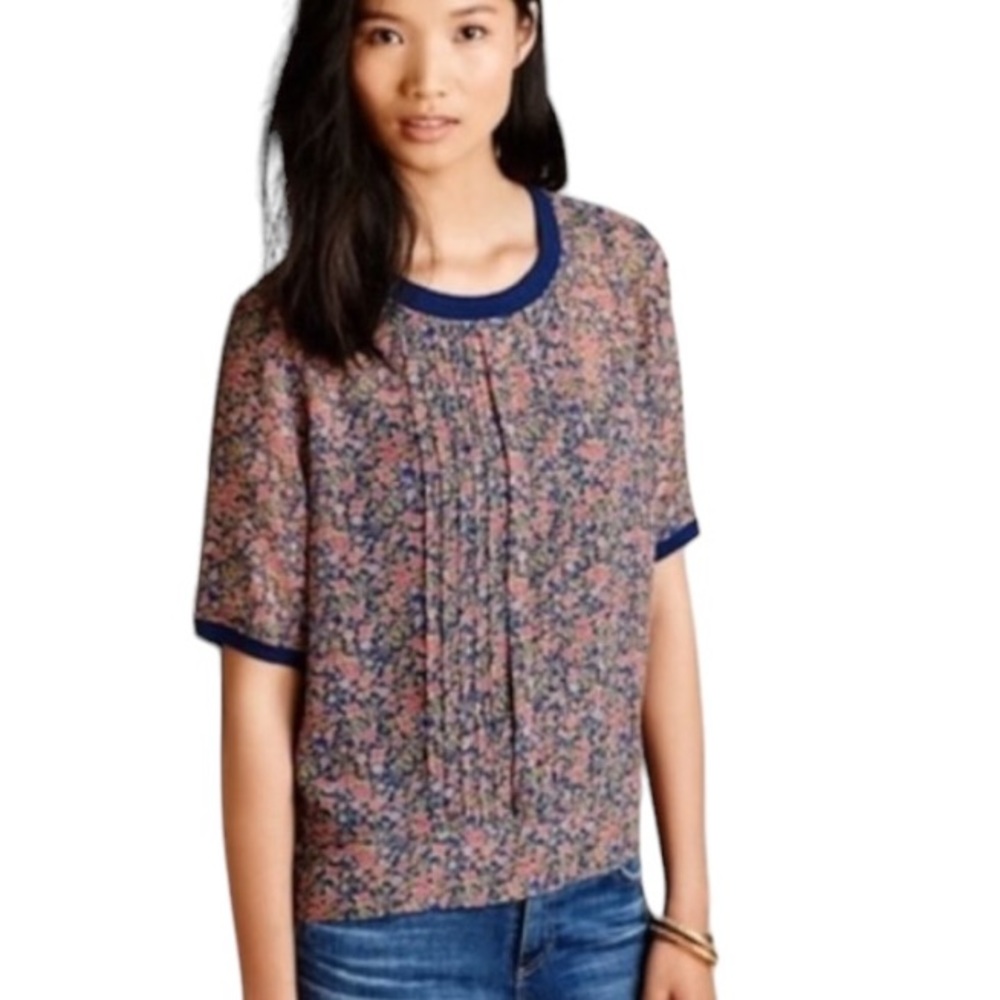 Anthropologie One Fine Day Silk Ainsy Floral Print Pintucked Semi Sheer Top - S